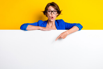 Photo of shocked amazed lady dressed blue blazer eyewear showing white wall placard empty space...