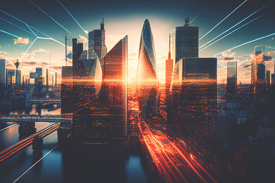 City Of London Skyscrapers. London, Banking District In City Center. London Skyscraper At Sunset, Aerial View. England, UK. Cityscape Financial District. Willis Building, Tower Stock Exchange. AI