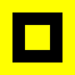 Black and yellow vector graphic consisting of a yellow square within a black square on a yellow background