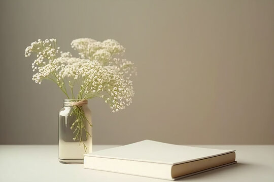White book mockup with gypsophila in a vase on a beige table. Generative AI