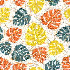 Monstera striped leaves floral repeat rapport over noisy background. Trendy