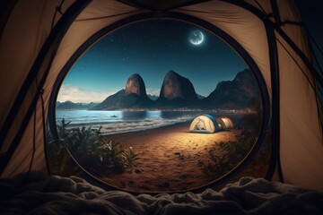 tend, camping, inside tent, looking out, night, sky, moon, landscape, generative by AI