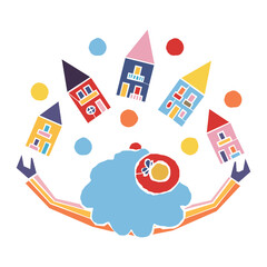 Circus artist illustration | Clown playing with houses | Playful Illustration | Naive art vector | Juggler clown