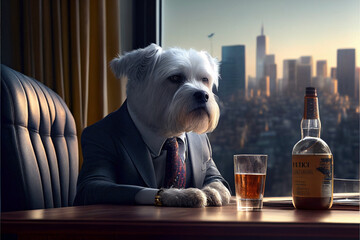 Maltese dog in the form of a man in a business suit sits at the table with bottle of wiskey, Generative AI	
