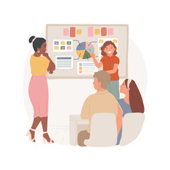 Portfolio presentation isolated cartoon vector illustration. Student presents portfolio to parents and teacher, sit in a classroom, showing work, telling about study plan vector cartoon.