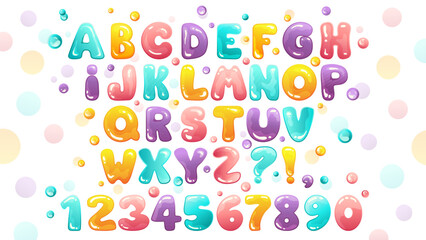 Bubble Gum font with alphabet letters and numbers. Vector cartoon decorative illustration for kids design.