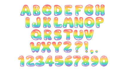 Obraz na płótnie Canvas Rainbow cute font with colorful letters, numbers and signs. Gradient letter set isolated on white background. Vector cartoon illustration