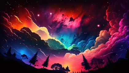 Fototapeta na wymiar dreamlike gradient sky at night time with nature landscape, idea for background wallpaper, Generative Ai 