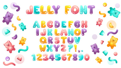 Jelly alphabet with cute сolorful bears, worms, marmalade, letters, signs and numbers. Jelly font in hand-drawn cartoon style. Vector illustration for your design