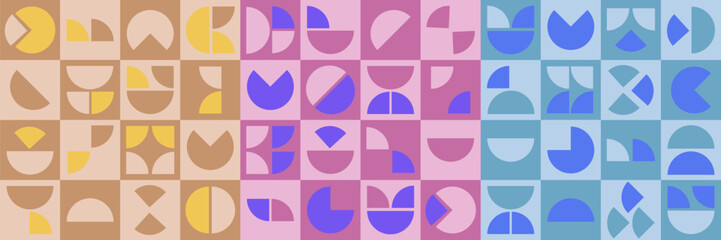 Three neo geometric pattern or background. Vector abstract background in soft colors: pink, yellow, blue. Perfect for banner, poster, textile and other design