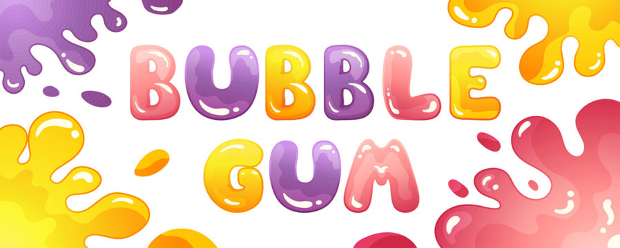 Cute Bubble Gum text lettering with colorful letters and splashes around. Vector trendy illustration in cartoon style