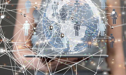 abstract lines with dots over dark background.  - connection