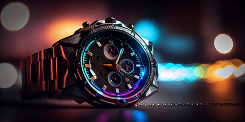 A beautiful wristwatch illuminated. Generative AI.
