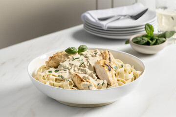 Delicious Savory Chicken Alfredo Pasta on Wooden Table