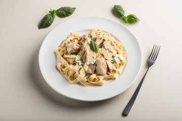 Delicious Savory Chicken Alfredo Pasta on Wooden Table