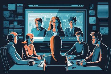 Group business meeting in front of virtual screen concept vector illustration 