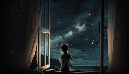 a kid watching out at big window open to galaxy sky, midnight time, idea for imagination and dream concept, Generative Ai	
 - obrazy, fototapety, plakaty