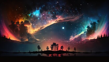 Fototapeta na wymiar dreamlike gradient sky at night time with nature landscape, idea for background wallpaper, Generative Ai 