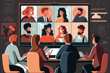 Group business meeting in front of virtual screen concept vector illustration 