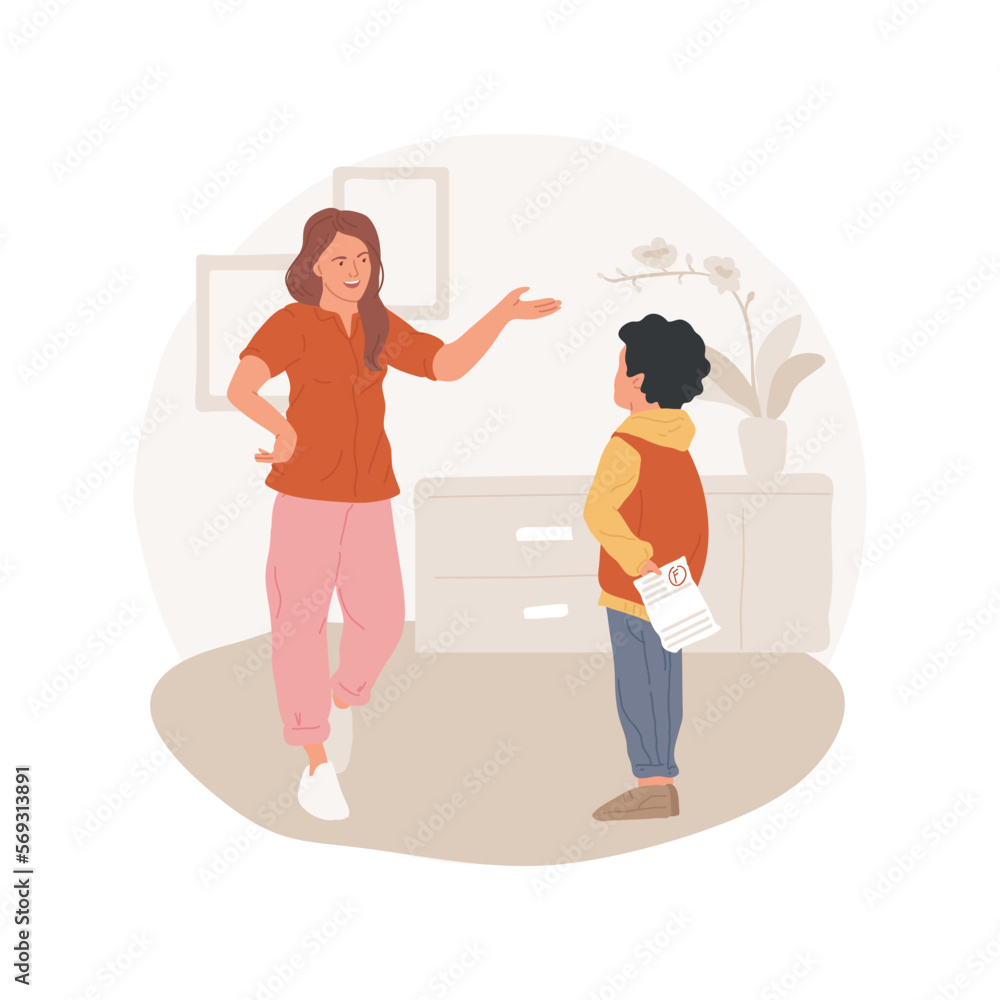 Poster getting bad marks isolated cartoon vector illustration. child is hiding a worksheet with bad mark fr