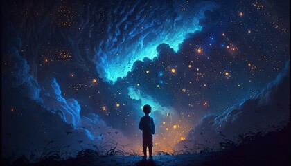 illustration of a boy looking at night starry sky with glitter glow galaxy flicker above, idea for prayer of hope, love, peace theme, Generative Ai
 - obrazy, fototapety, plakaty