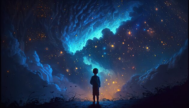 illustration of a boy looking at night starry sky with glitter glow galaxy flicker above, idea for prayer of hope, love, peace theme, Generative Ai © QuietWord