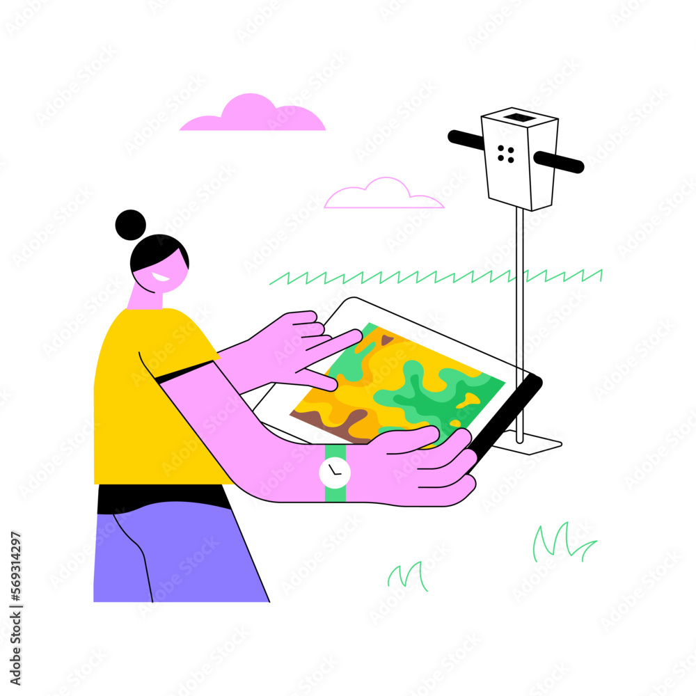 Poster compaction profile sensing isolated cartoon vector illustrations. field worker with tablet controls 
