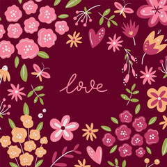 Love. Romantic greeting card with lettering and scandinavian flowers in viva magenta colours. Valentine's Day floral greeting cards, poster, social media post or banner template