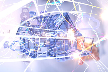 home iot - Neural network 3D illustration. Big data and cybersecurity