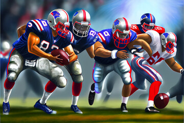 Abstract illustration, American football players in the super bowl game, fighting for the ball.