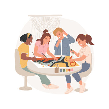 Art project isolated cartoon vector illustration. Group of adolescents doing art project at home together, tennagers hands-on activity, honing new skill, teamwork spirit vector cartoon.