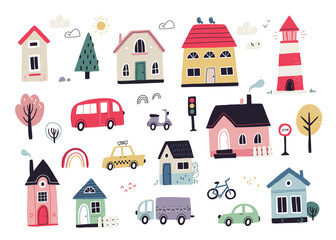 Colorful vector illustration, hand-drawn children simple set with cars, houses, trees in Scandinavian style on a white background. Children's set with cars. Transport. Road. City. Architecture.