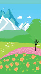 Spring landscape with trees, mountains, fields, flowers. Vector illustration.