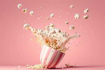  a pink and white striped cup with popcorn falling out of it on a pink background with a pink background and white and gold sprinkles falling out of popcorn.  generative ai