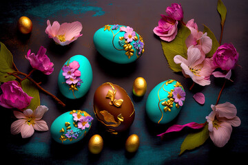 Fototapeta na wymiar easter eggs, painted in vivid turquoise with flowers and golden details. overly decorated. top shot. 
