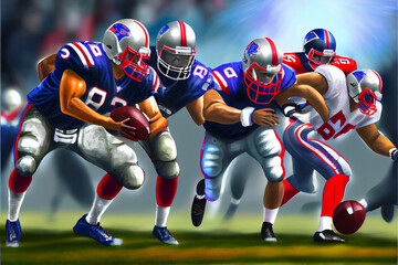 Fototapeta na wymiar Abstract illustration, American football players in the super bowl game, fighting for the ball.