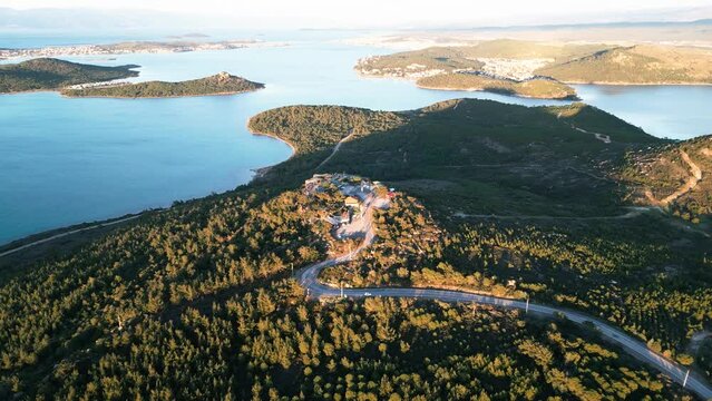 aerial view of Ayvalik from Devil's Table hill, Seytan Sofrasi in Turkish, Ayvalik, Balikesir, Turkey. High quality 4k footage