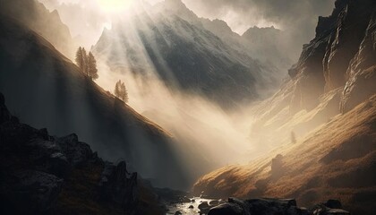  a mountain scene with a stream in the foreground and sun rays coming through the clouds in the distance, with a mountain range in the background.  generative ai