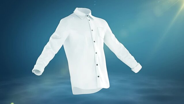 Stain remove from colth animation 4k render. 3d animation of cloth washing and whitening process. Gradient blue water bubbles fly around the t shirt and clean the fibers.