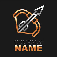 Line Medieval bow and arrow icon isolated on black background. Medieval weapon. Colorful outline concept. Vector