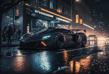 Tuinposter Auto racing car in the night at lone street created with Generative AI technology