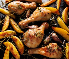 Roasted chicken legs, drumsticks and potatoes with rosemary and garlic on a dark background, close up view