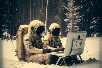 Two astronauts in space suits sit in a winter forest and work on a computer.