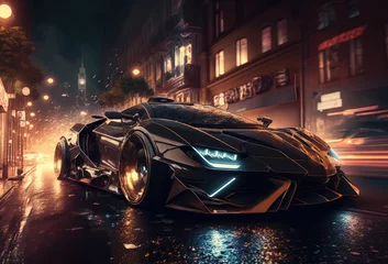 Tuinposter Auto racing car in the night at lone street created with Generative AI technology