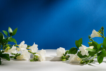 Empty white podium with freesia flowers and green leaves and deep shadows on dark blue background....