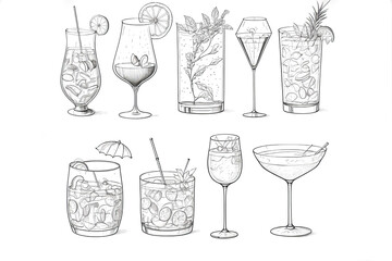 Alcoholic drinks line drawing collection. Bar menu. Generative ai