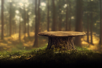 Wooden round pedestal in the green forest illustration, scenery of empty product table in natural environment, green trees around, soft daylight, Generative AI
