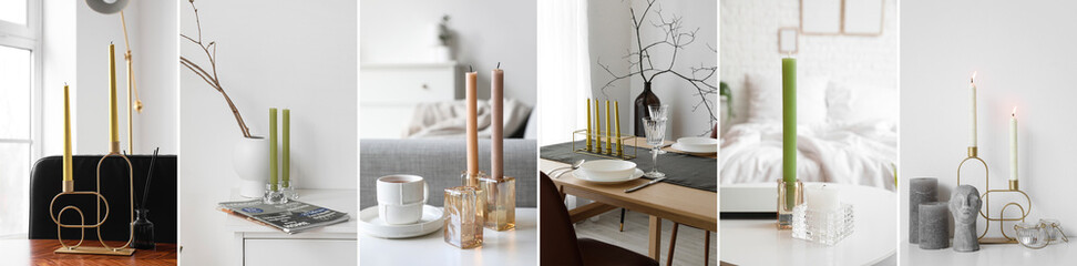 Collection of stylish table holders in domestic interiors