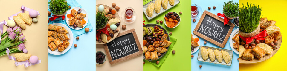 Collage of festive compositions for Novruz Bayram celebration on color background © Pixel-Shot