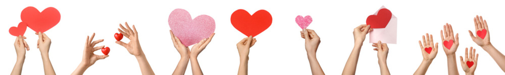 Many hands with hearts on white background